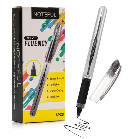 Noteful Fluency 0.7mm Refillable Roller Pen | Ultra-Smooth & Quick-Drying Ink | Black Ink (Pack of 8)