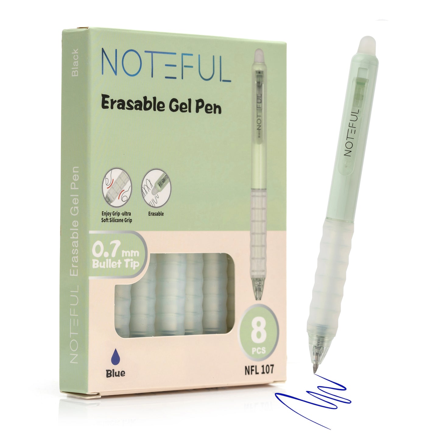 Noteful Erasable Gel Pen Set – 0.7mm Bullet Tip | Smooth Writing & Easy Erasing | Pack of 8 (Blue & Black Ink) (NFL107)