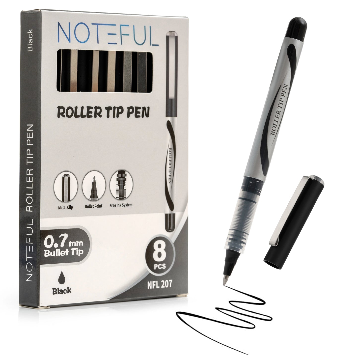 Noteful 0.7mm Roller Tip Pen | Ultra-Smooth Ink Flow | Metal Clip & Bullet Tip | Black Ink (Pack of 8)