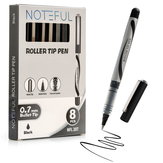 Noteful 0.7mm Roller Tip Pen | Ultra-Smooth Ink Flow | Metal Clip & Bullet Tip | Black Ink (Pack of 8)