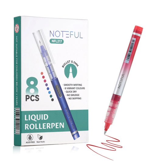 Noteful Liquid Roller Pen 0.7mm | Smooth Writing, No Smudge, Quick-Dry Ink | Pack of 8 Vibrant Colors