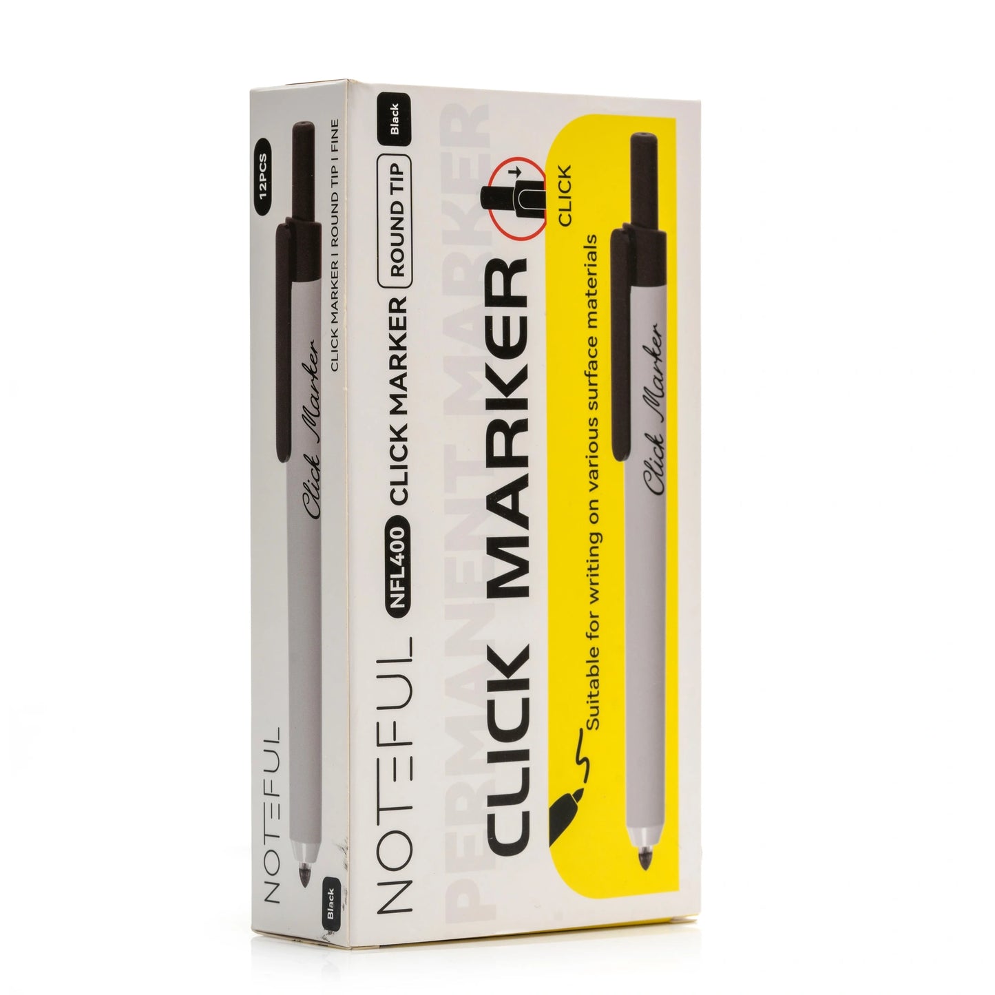 Noteful Click Marker - Black Permanent Marker | Retractable Round Tip | Pack of 12 (NFL400)