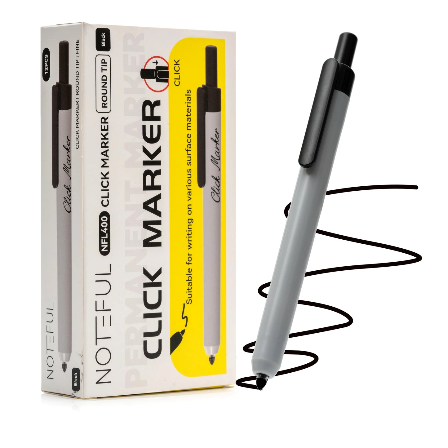 Noteful Click Marker - Black Permanent Marker | Retractable Round Tip | Pack of 12 (NFL400)