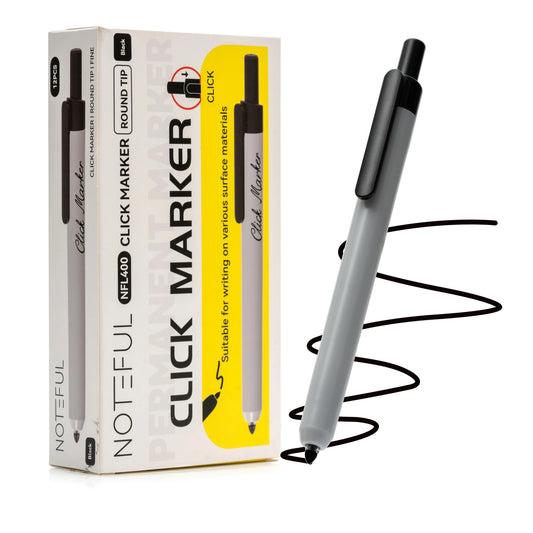 Noteful Click Marker - Black Permanent Marker | Retractable Round Tip | Pack of 12 (NFL400)
