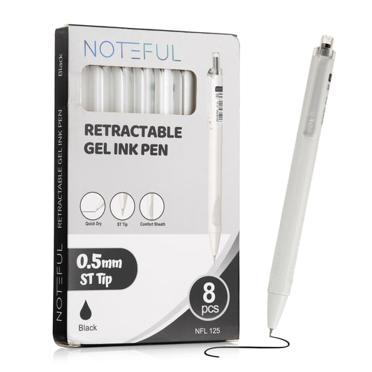 Noteful Retractable Gel Ink Pen - 0.5mm ST Tip | Ultra-Smooth & Quick-Dry Ink | Black Ink (Pack of 8)