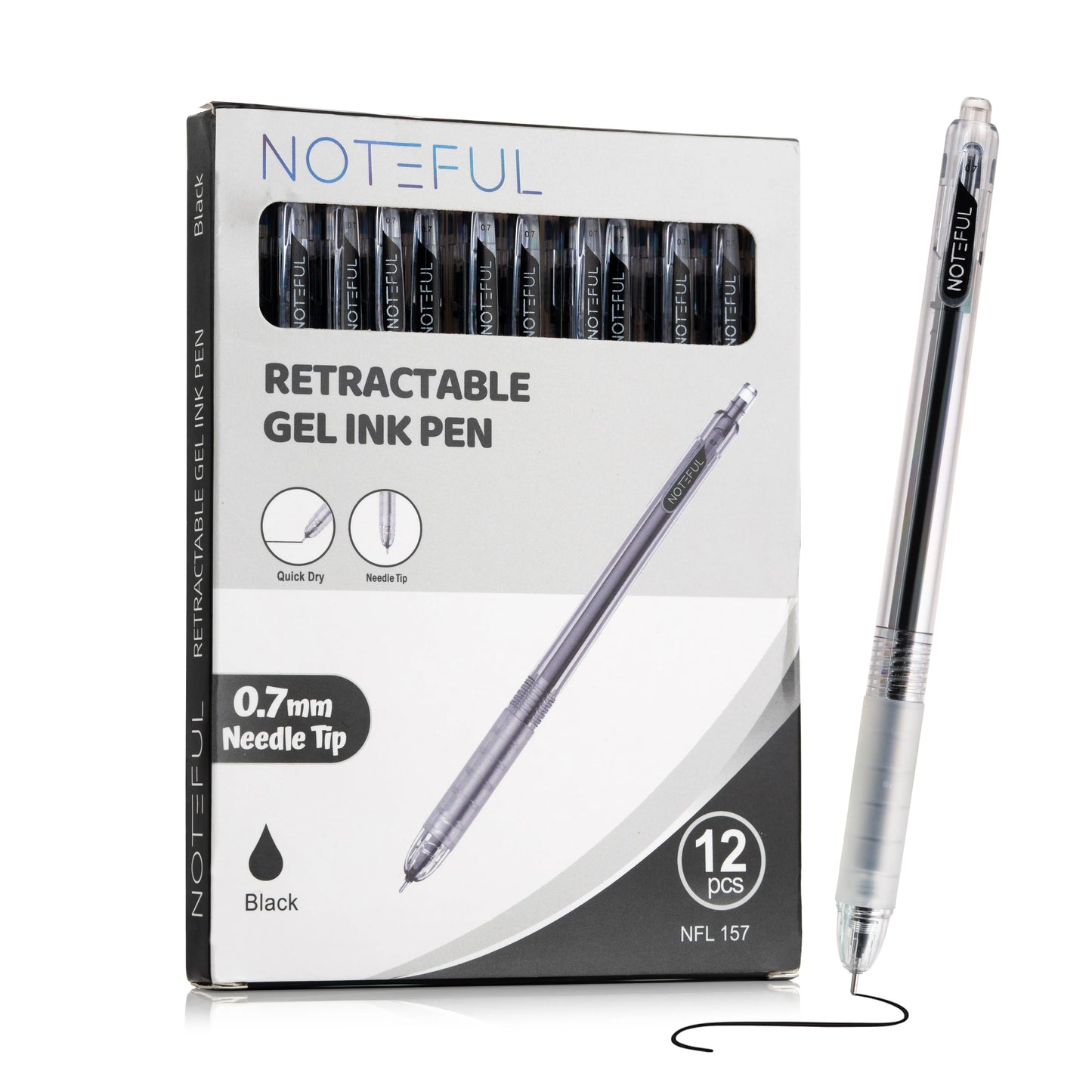 Noteful Retractable Gel Ink Pen - 0.7mm Needle Tip | Quick-Dry Black & Blue Ink | Pack of 12(NFL157)