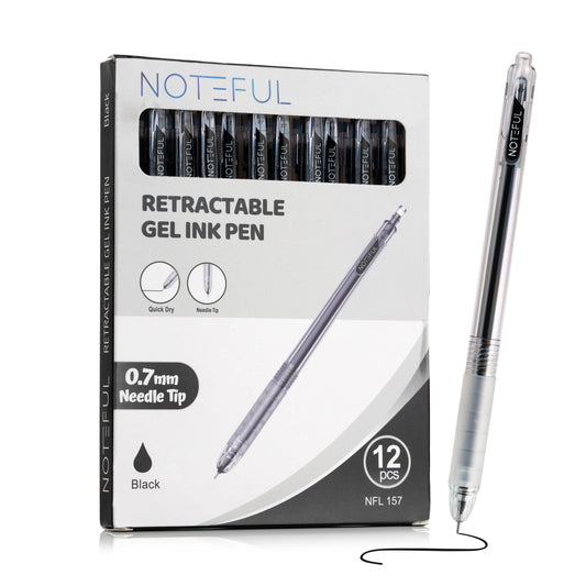 Noteful Retractable Gel Ink Pen – 0.7mm Needle Tip | Quick-Dry & Smudge-Free Writing | Pack of 12 (Black & Blue Ink)