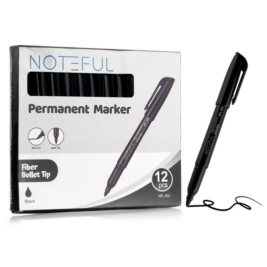 Noteful Permanent Marker - Black Bullet Tip | Pack of 12 | Quick-Dry & Smudge-Proof (NFL402)