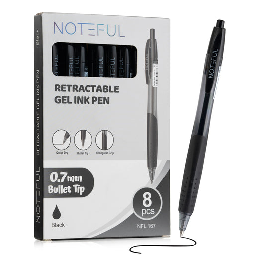 Noteful Retractable Gel Ink Pen – 0.7mm Bullet Tip, Smooth Writing, Quick-Dry Black Ink (8 Pcs)(NFL167)
