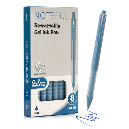 Noteful Retractable Gel Ink Pen - 0.7mm Bullet Tip | Smooth Writing | Blue Ink (Pack of 8)