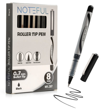 Noteful 0.7mm Roller Tip Pen | Ultra-Smooth Ink Flow | Metal Clip & Bullet Tip | Black Ink (Pack of 8)