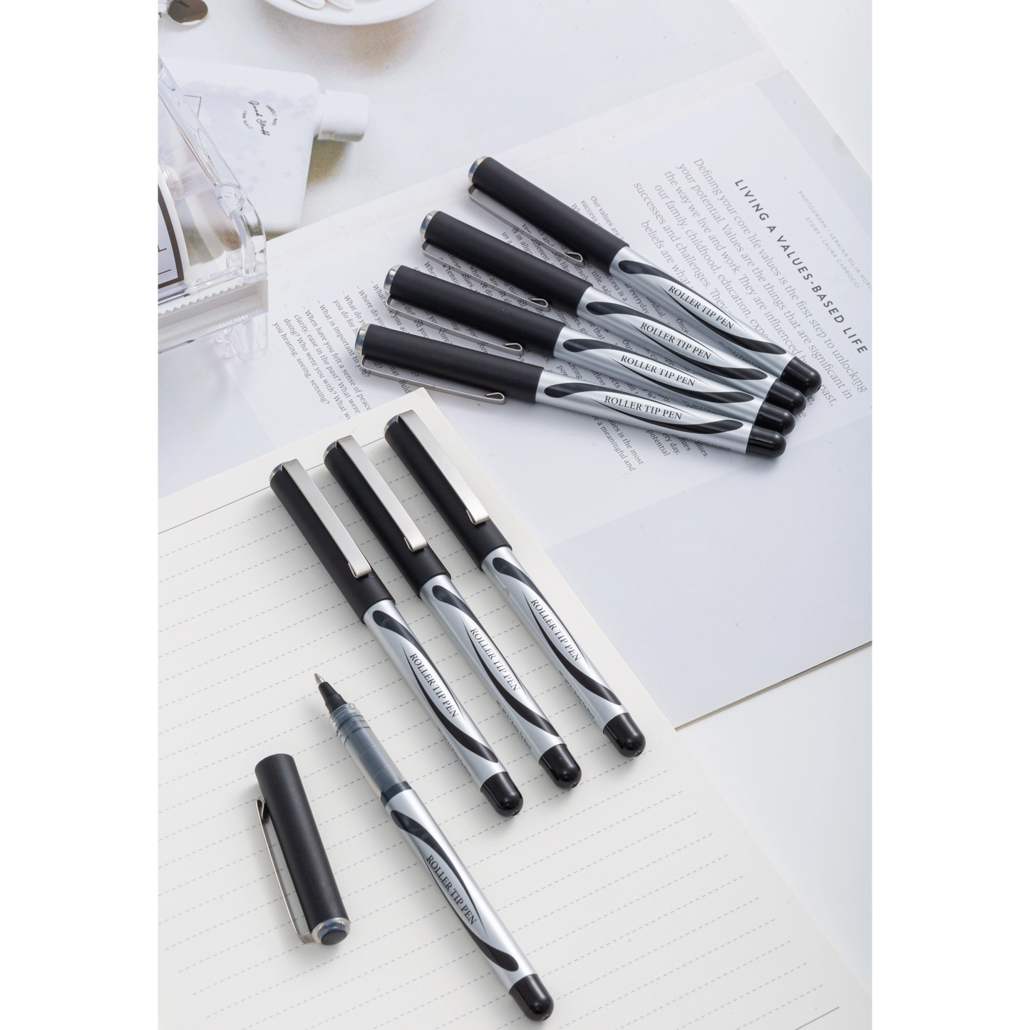 Noteful 0.7mm Roller Tip Pen | Ultra-Smooth Ink Flow | Metal Clip & Bullet Tip | Black Ink (Pack of 8)