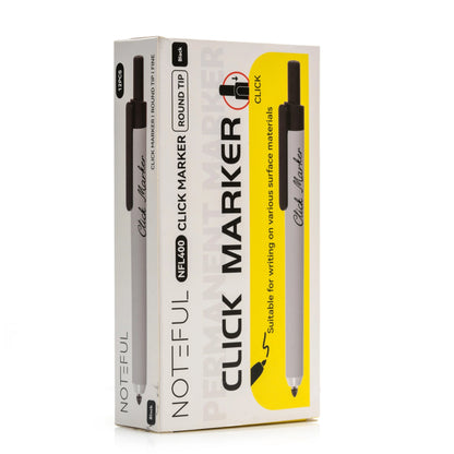 Noteful Click Marker - Black Permanent Marker | Retractable Round Tip | Pack of 12 (NFL400)
