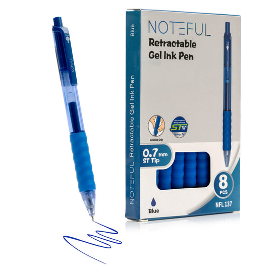 Noteful Retractable Gel Ink Pen – 0.7mm ST Tip, Quick-Dry & Smudge-Free Writing – Pack of 8 (Blue)