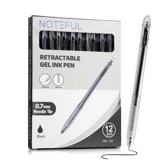 Noteful Retractable Gel Ink Pen - 0.7mm Needle Tip | Quick-Dry Black & Blue Ink | Pack of 12(NFL157)
