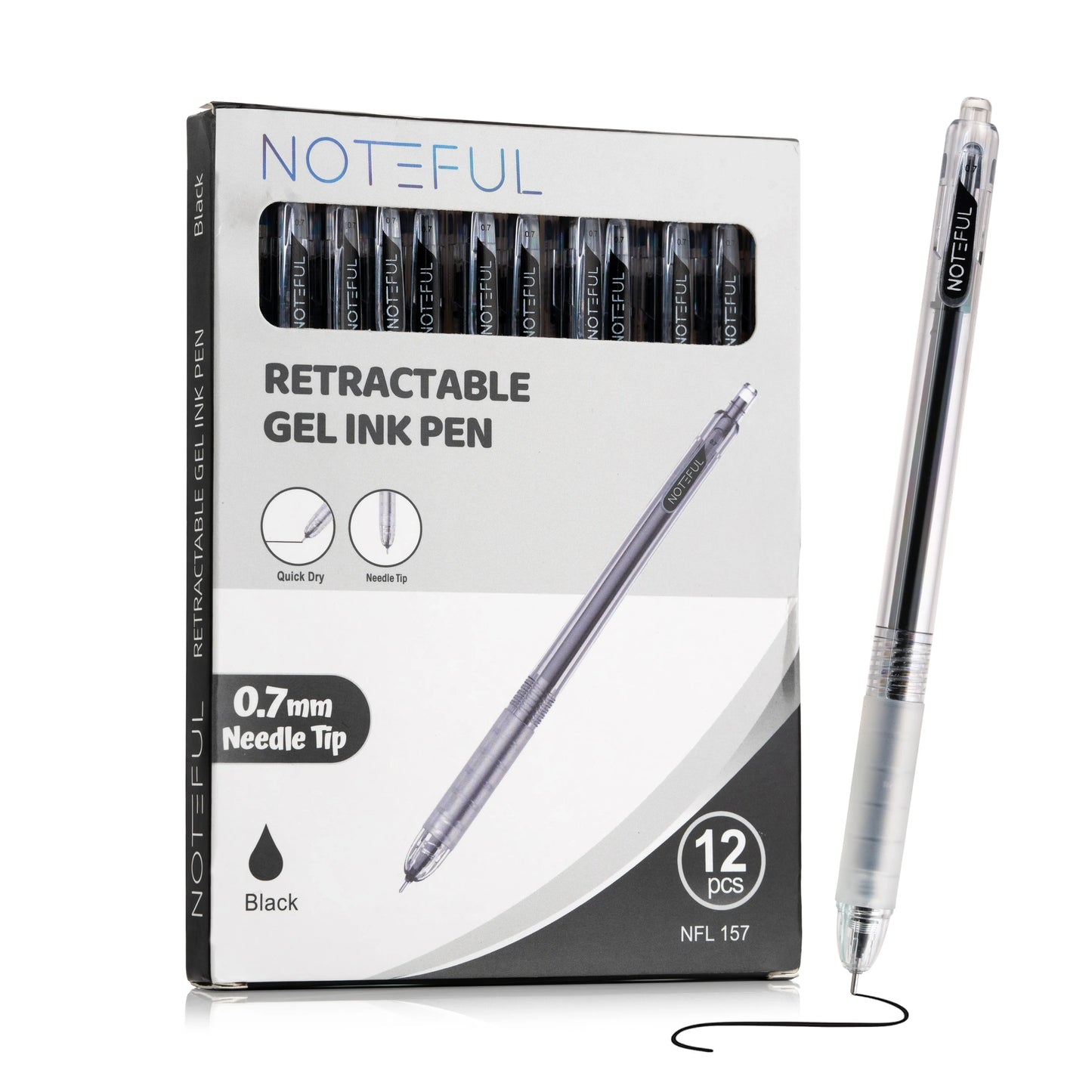 Noteful Retractable Gel Ink Pen – 0.7mm Needle Tip | Quick-Dry & Smudge-Free Writing | Pack of 12 (Black & Blue Ink)