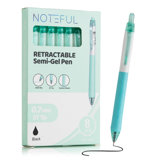 Noteful Retractable Semi-Gel Pen - 0.7mm Smooth Writing Pen | Quick-Dry Black & Blue Ink | Pack of 8